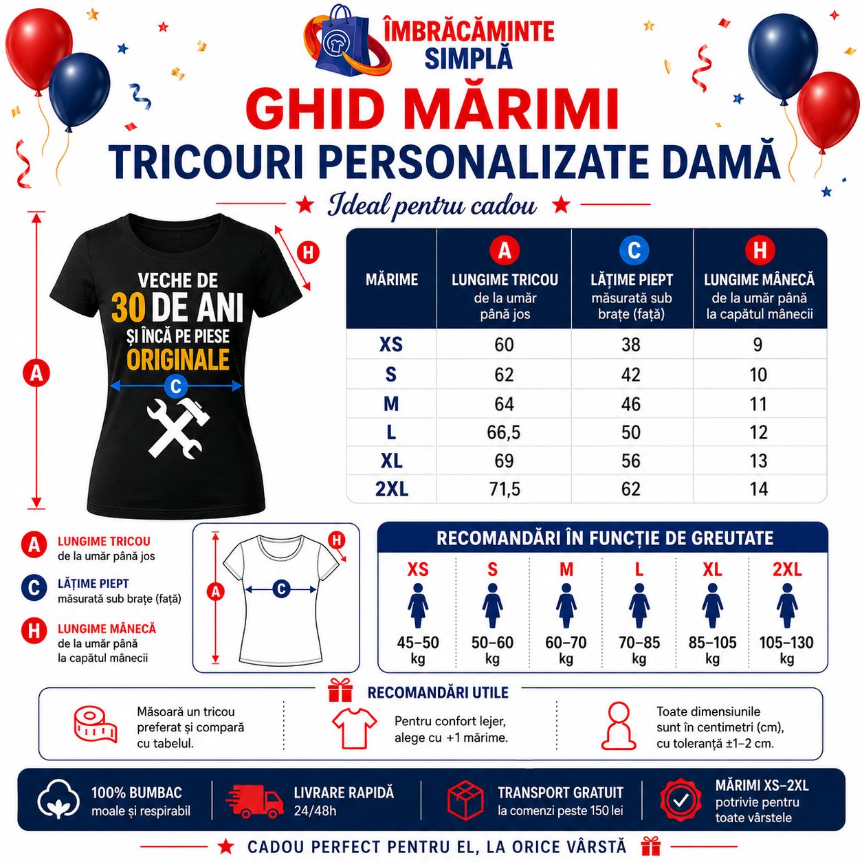 Tabel marimi tricou aniversar dama XS S M L XL 2XL